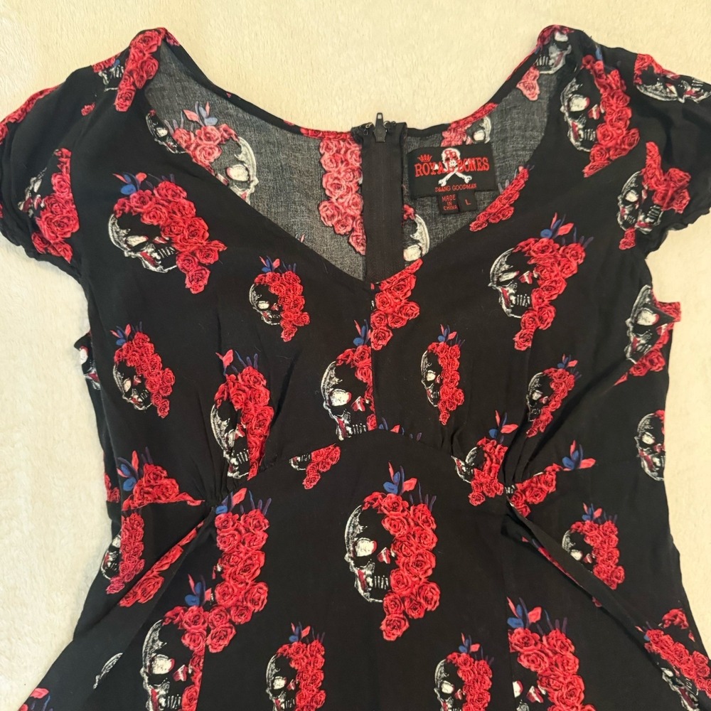 Hot Topic Royal Bones Red Black Floral Skull Dress Size L Whimsigoth Grunge - Picture 7 of 13